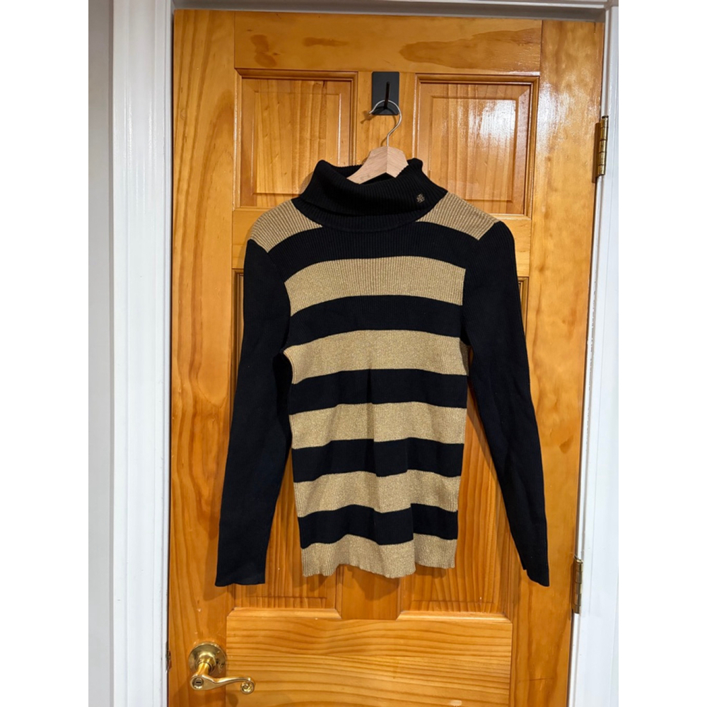 Lauren Ralph Lauren Black Gold Metallic Stripe Ribbed Turtleneck Sweater Womens